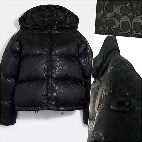 COACH Down Filled Short Puffer Jet Black over Glossy Logo Printed XS - Picture 1 of 16